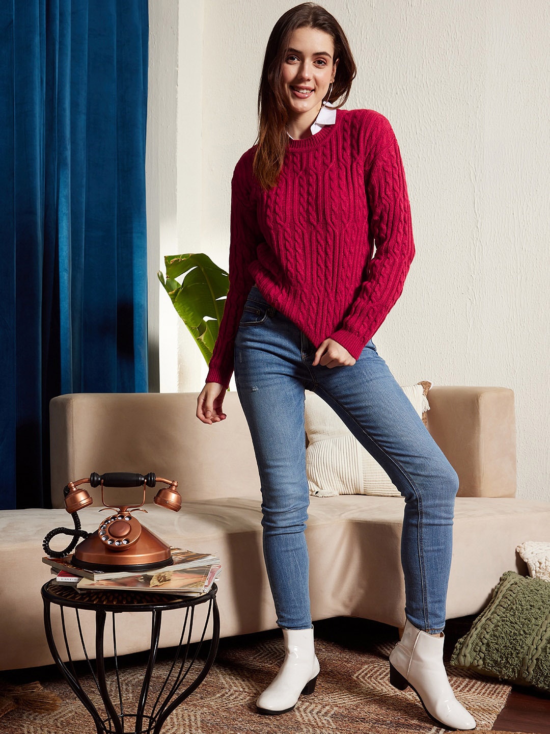 

Berrylush Cable Knit Acrylic Pullover Sweater, Red