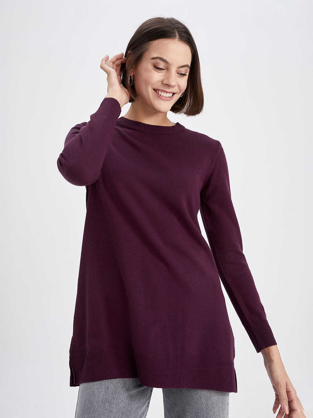 

DeFacto Longline Ribbed Acrylic Pullover Sweatshirt, Purple