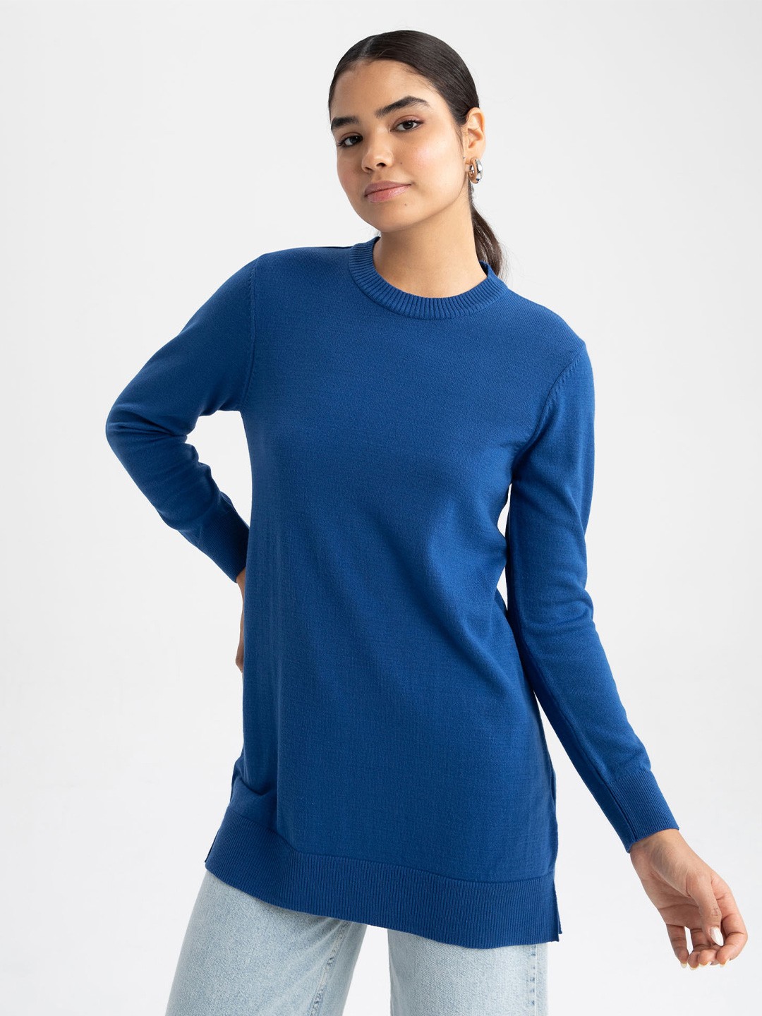 

DeFacto Round Neck Long Sleeves Pure Acrylic Longline Pullover Sweater, Blue