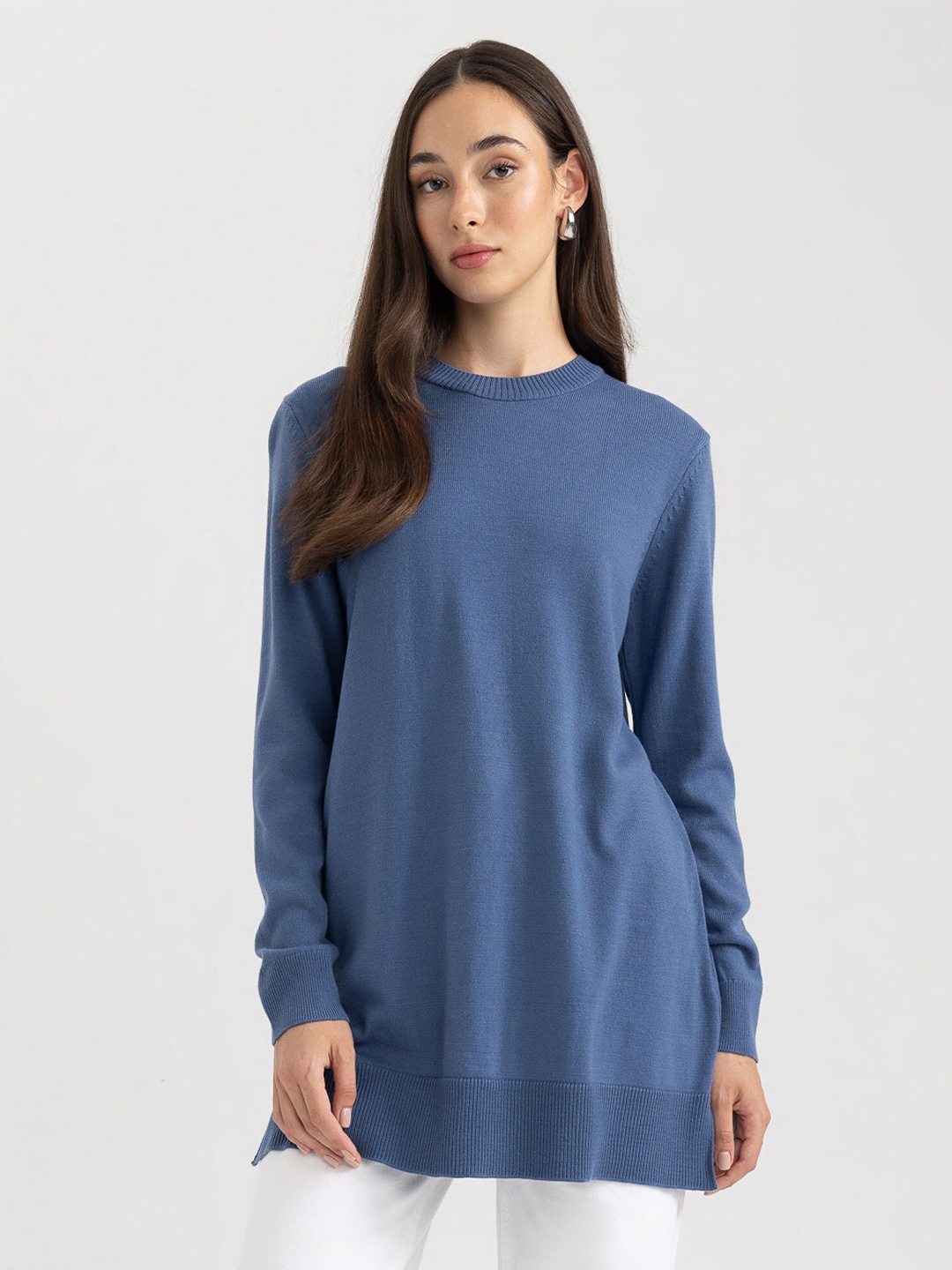 

DeFacto Acrylic Ribbed Longline Pullover Sweatshirt, Blue