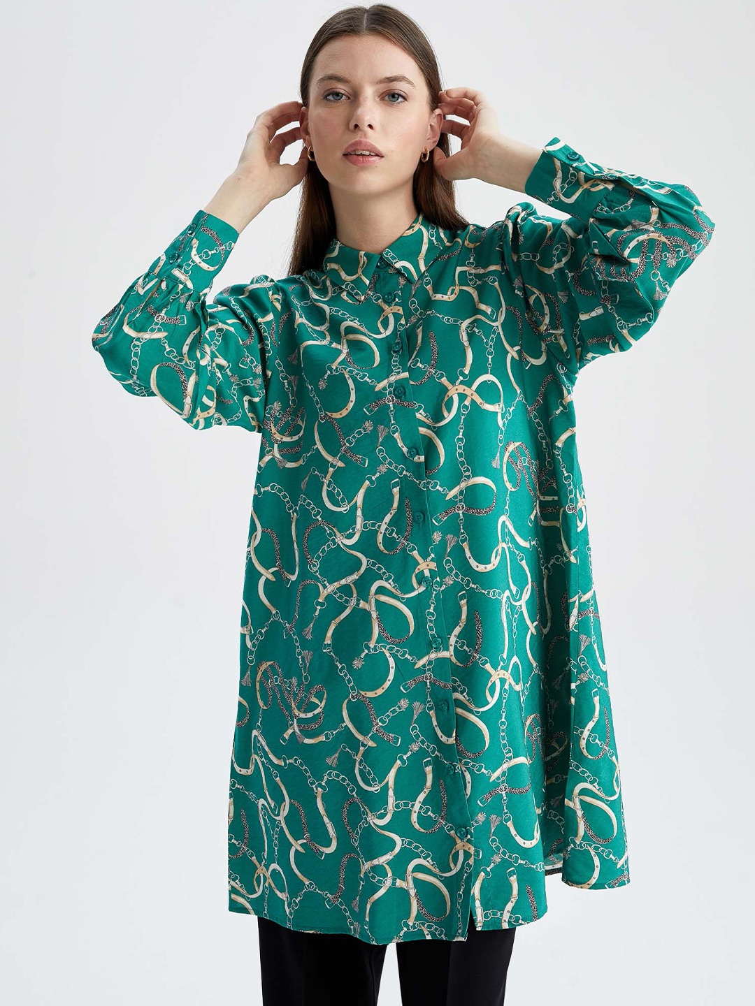 

DeFacto Shirt Collar Printed Tunic, Green