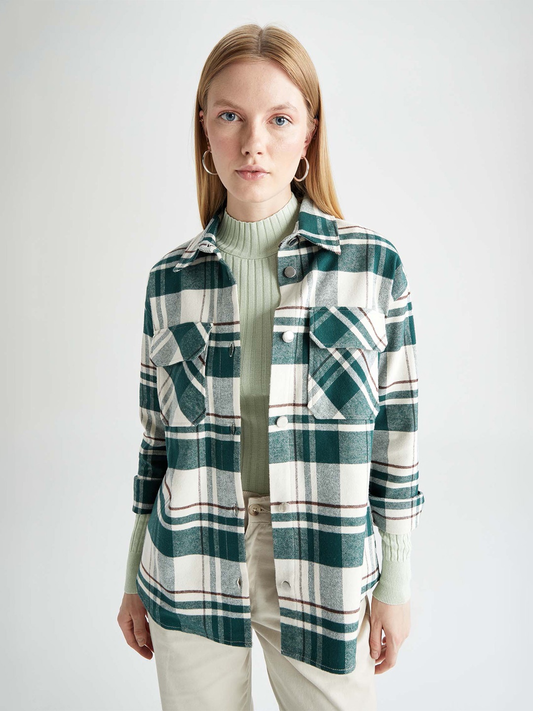 

DeFacto Checked Regular Fit Casual Shacket, Green