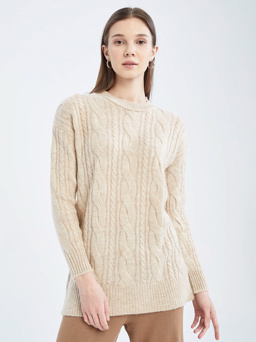 

DeFacto Cable Knit Neck Long Sleeves Longline Pullover Sweater, Beige