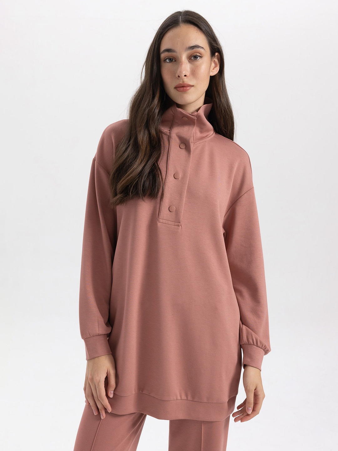 

DeFacto High Neck Longline Ribbed Pullover Sweatshirt, Mauve