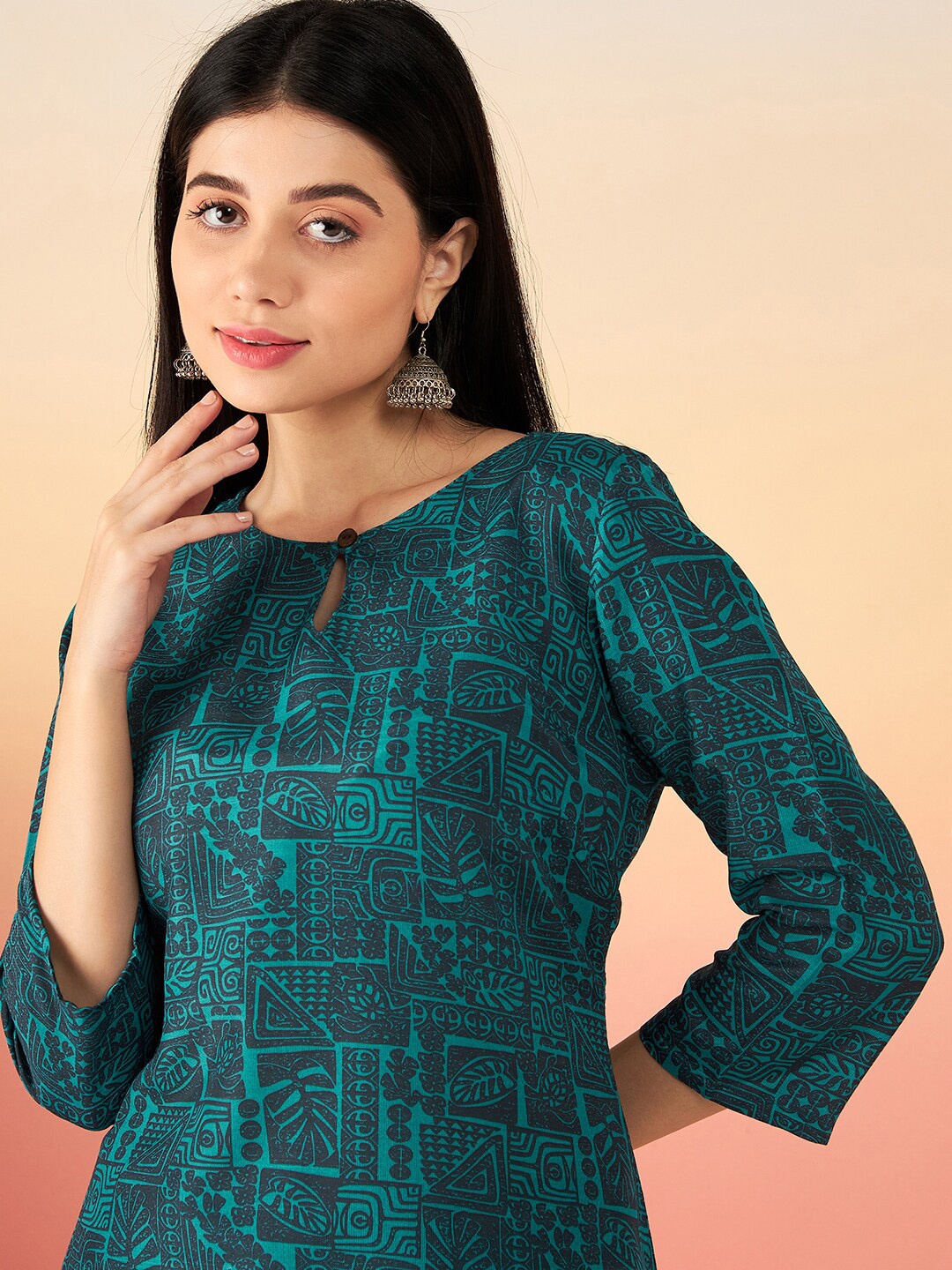 

Sangria Turquoise Blue & Black Ethnic Motifs Printed Straight Kurta With Trousers