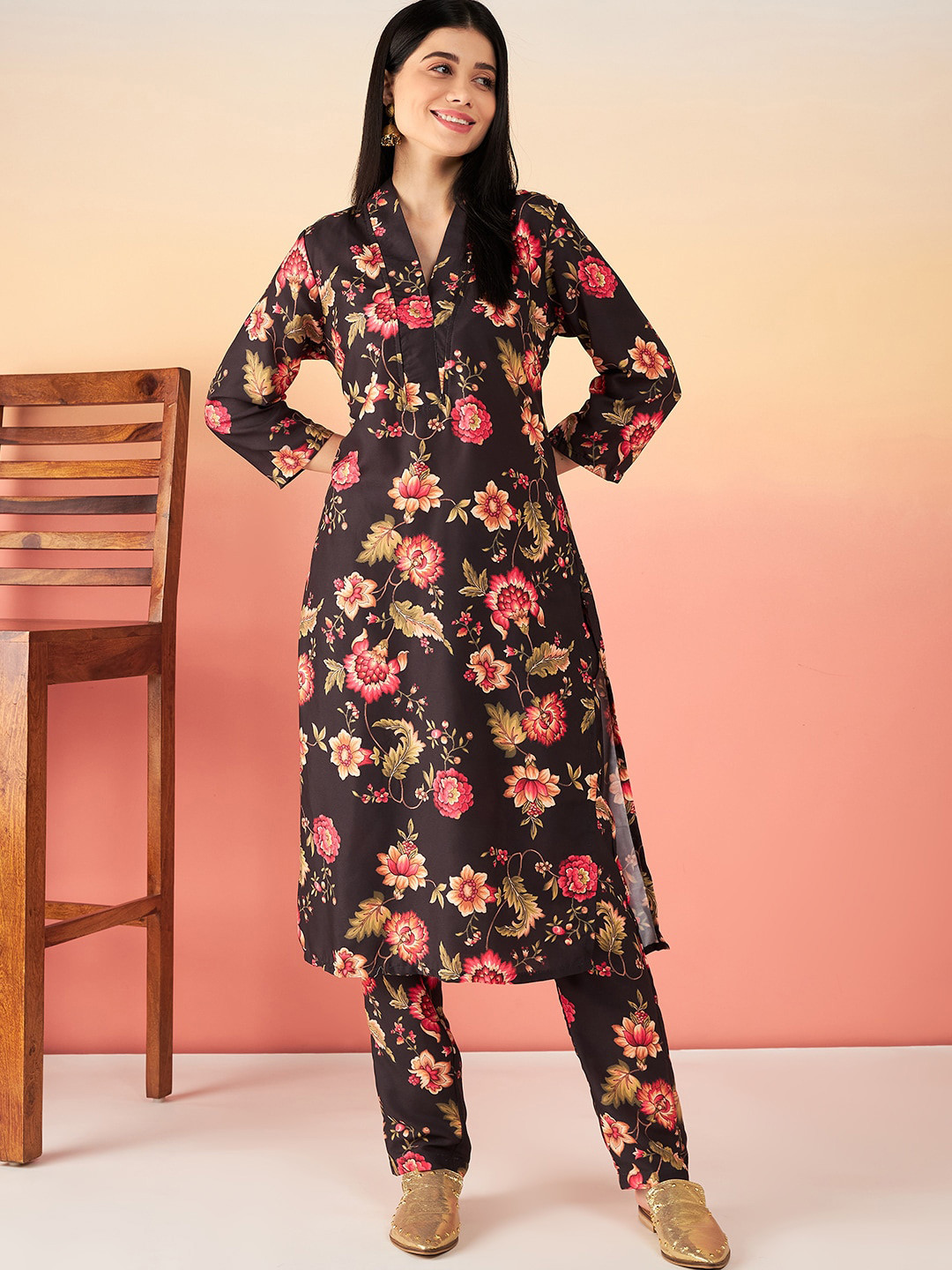 

Sangria Brown Floral Printed A-Line Kurta With Trouser