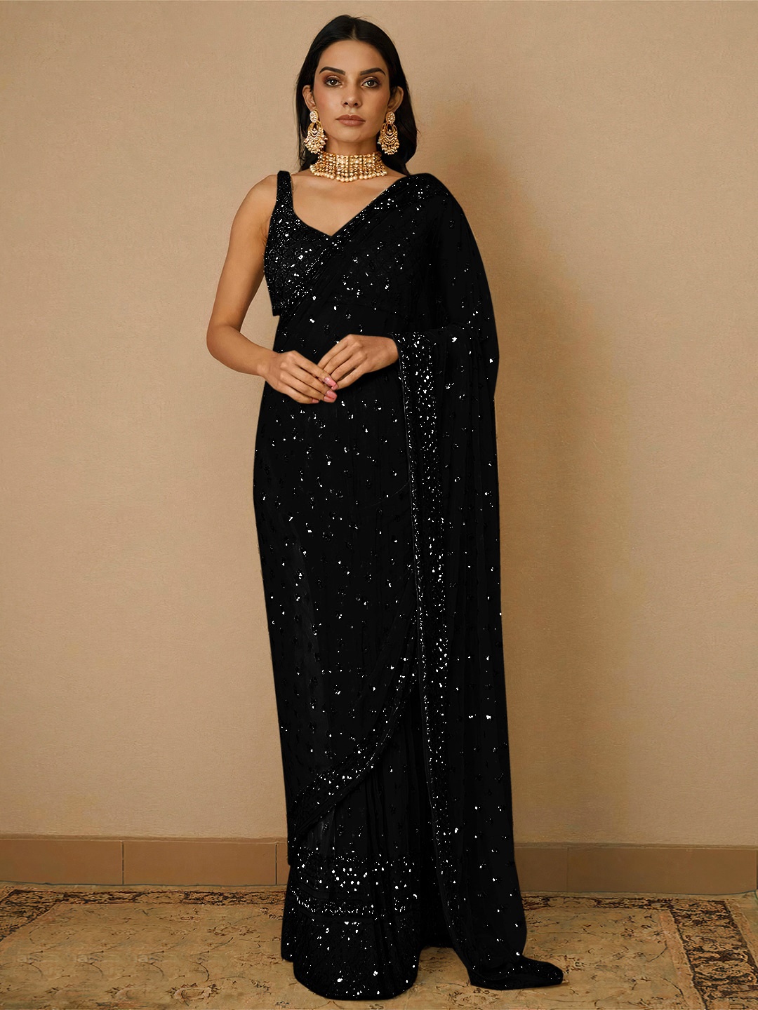 

Angroop Embellished Sequinned Net Saree, Black