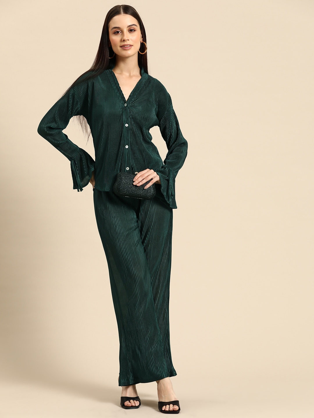 

WoowZerz Women Striped Shirt with Palazzos, Green