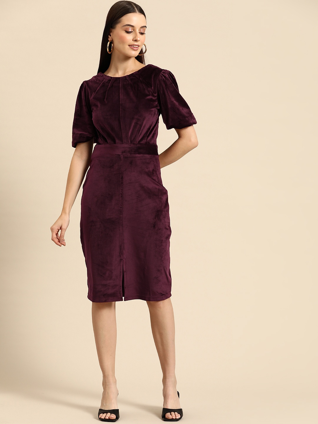 

WoowZerz Puff Sleeve Velvet Bodycon Dress, Burgundy