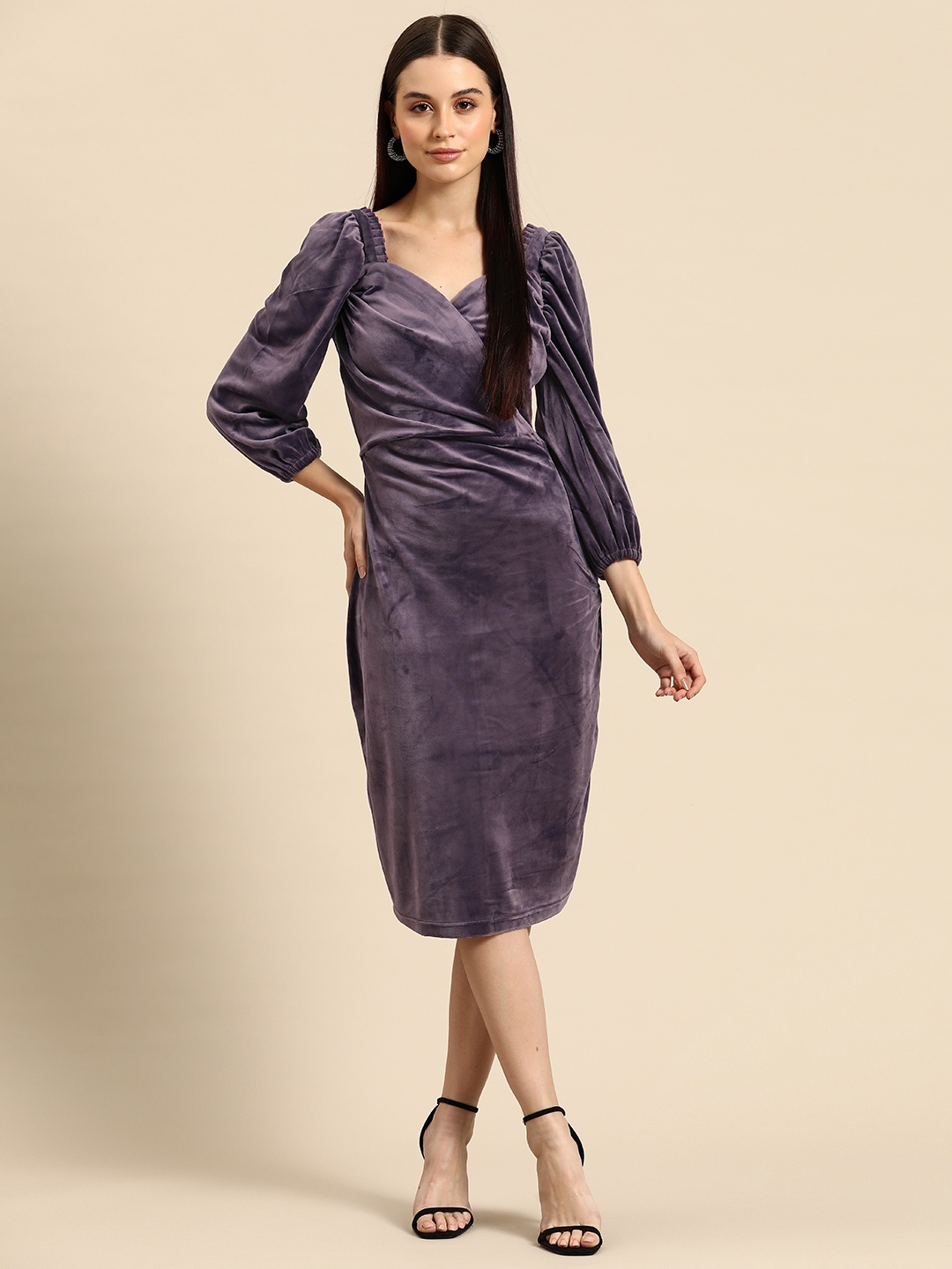 

WoowZerz Puff Sleeve Velvet Bodycon Midi Dress, Purple