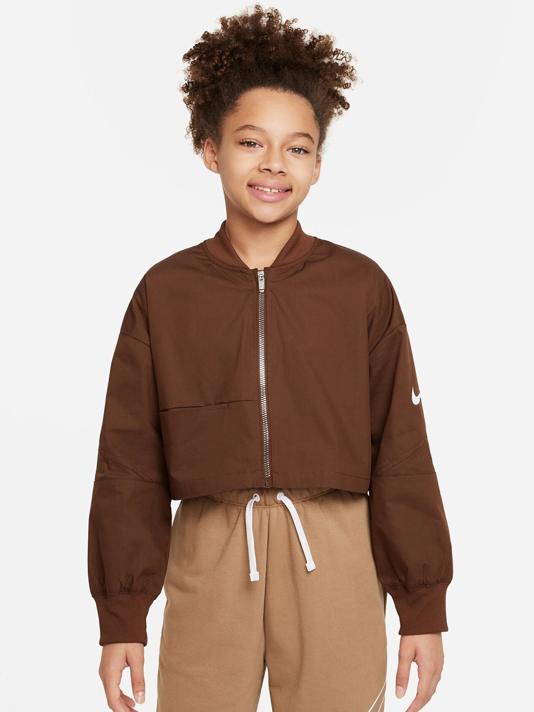 

Nike Sportswear Big Girls Woven Cotton Crop Bomber Jacket, Brown