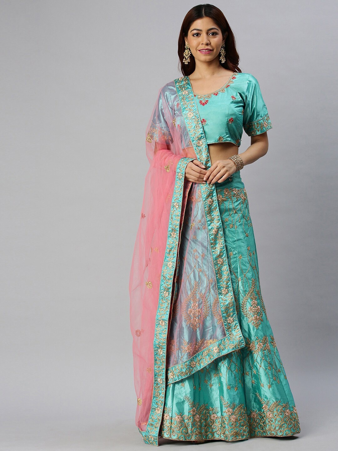 

Ishin Embroidered Thread Work Semi-Stitched Lehenga & Unstitched Blouse With Dupatta, Blue