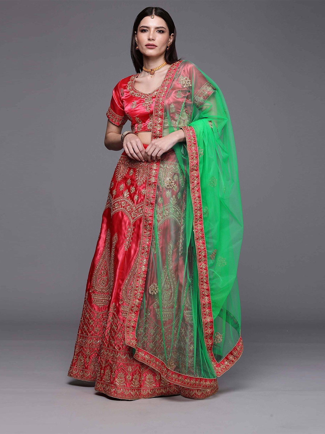 

Ishin Embroidered Semi-Stitched Lehenga & Unstitched Blouse With Dupatta, Pink