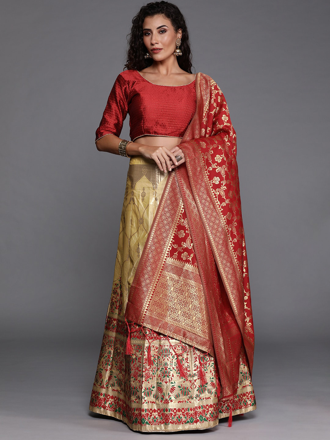 

Ishin Woven Design Silk Semi-Stitched Lehenga & Unstitched Blouse With Dupatta, Beige
