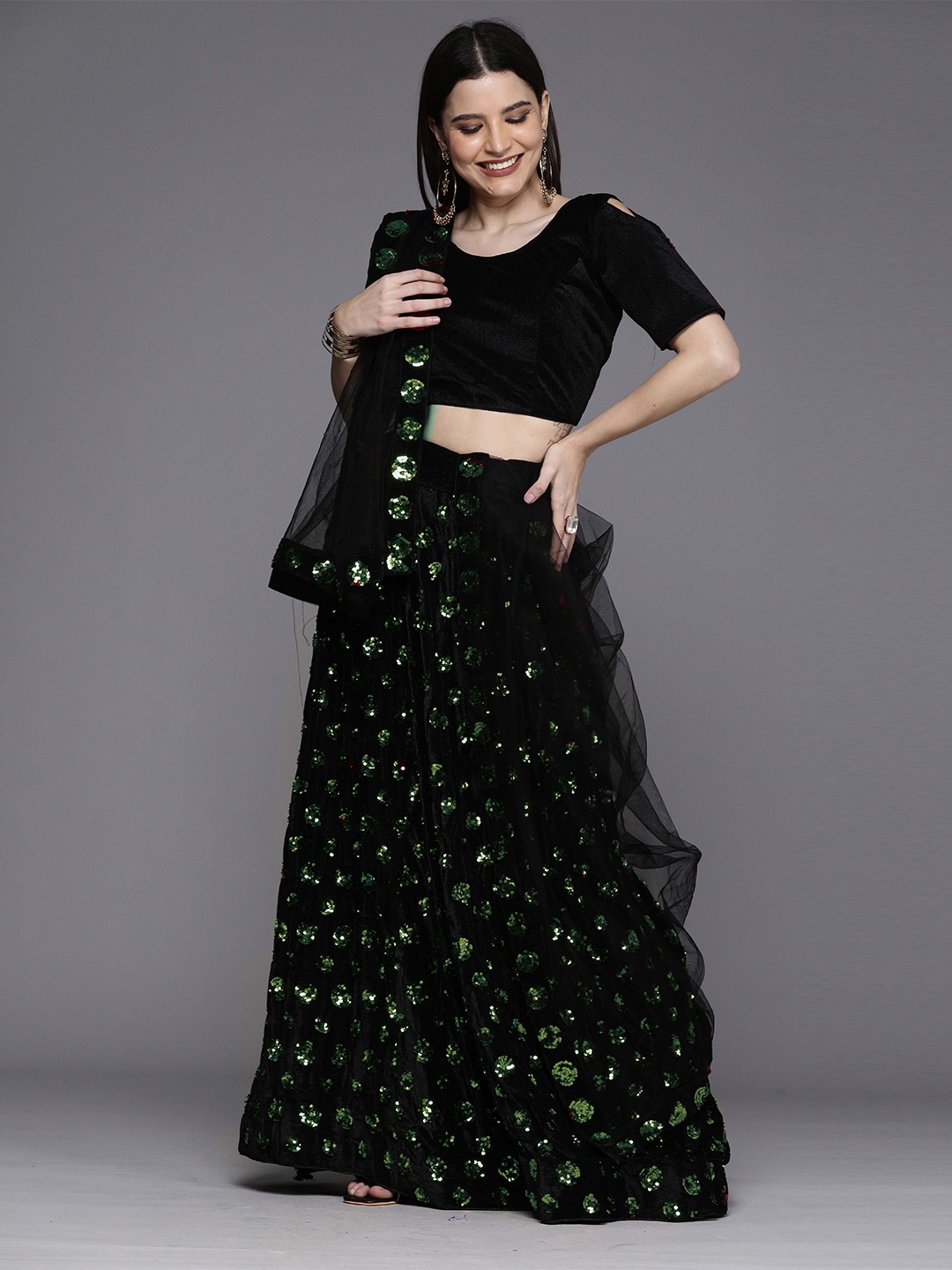 

Ishin Embellished Sequinned Semi-Stitched Lehenga & Unstitched Blouse With Dupatta, Green