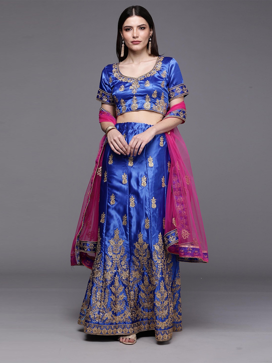 

Ishin Embroidered Thread Work Semi-Stitched Lehenga & Unstitched Blouse With Dupatta, Blue