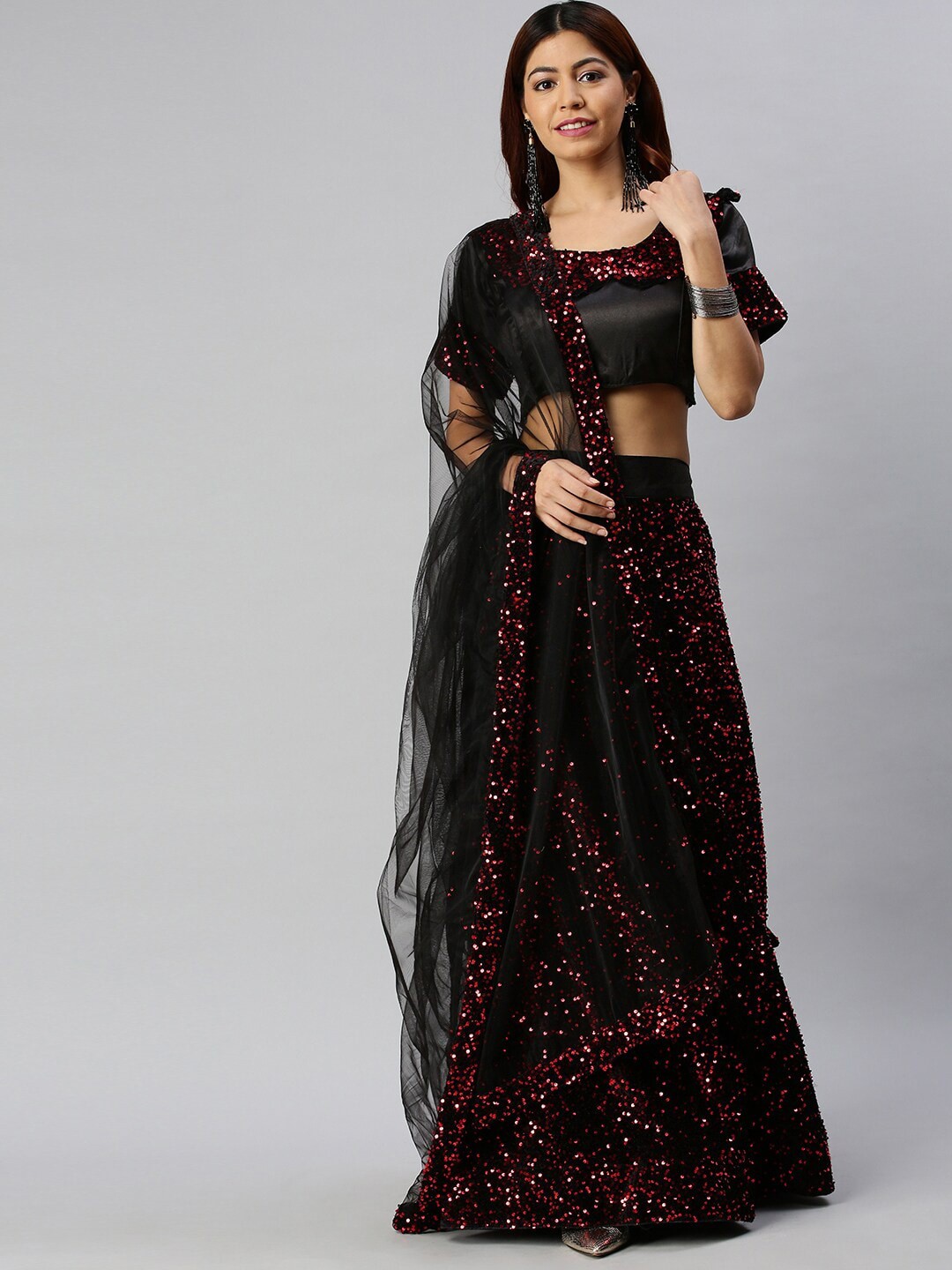 

Ishin Black Embellished Sequinned Semi-Stitched Lehenga & Unstitched Blouse With Dupatta, Red