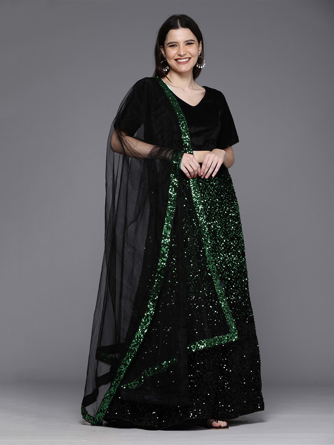 

Ishin Green Sequinned Semi-Stitched Lehenga & Unstitched Blouse With Dupatta