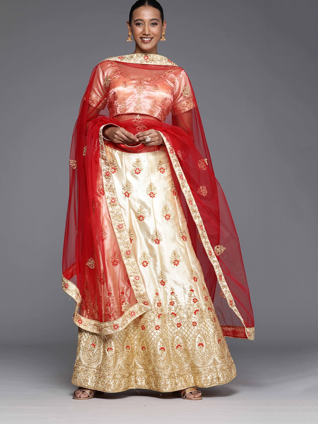 

Ishin Cream-coloured Embroidered Semi-Stitched Lehenga & Unstitched Blouse With Dupatta