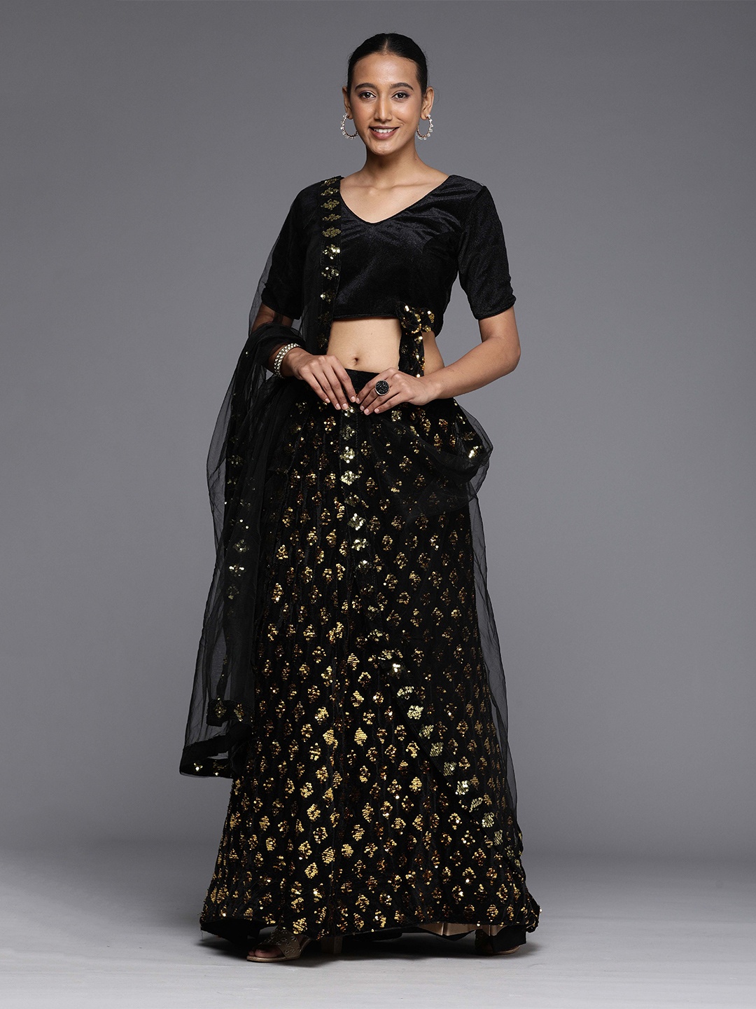 

Ishin Black Embellished Sequinned Semi-Stitched Lehenga & Unstitched Blouse With Dupatta