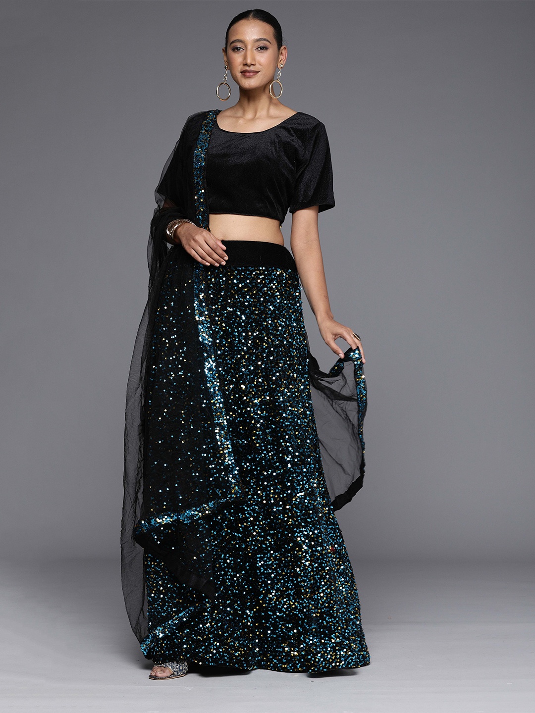 

Ishin Black Embellished Sequinned Semi-Stitched Lehenga & Unstitched Blouse With Dupatta