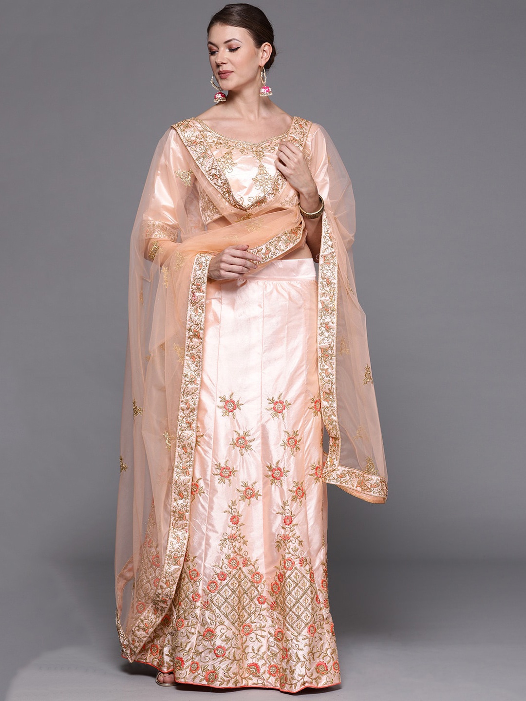 

Ishin Pink Embroidered Semi-Stitched Lehenga & Unstitched Blouse With Dupatta