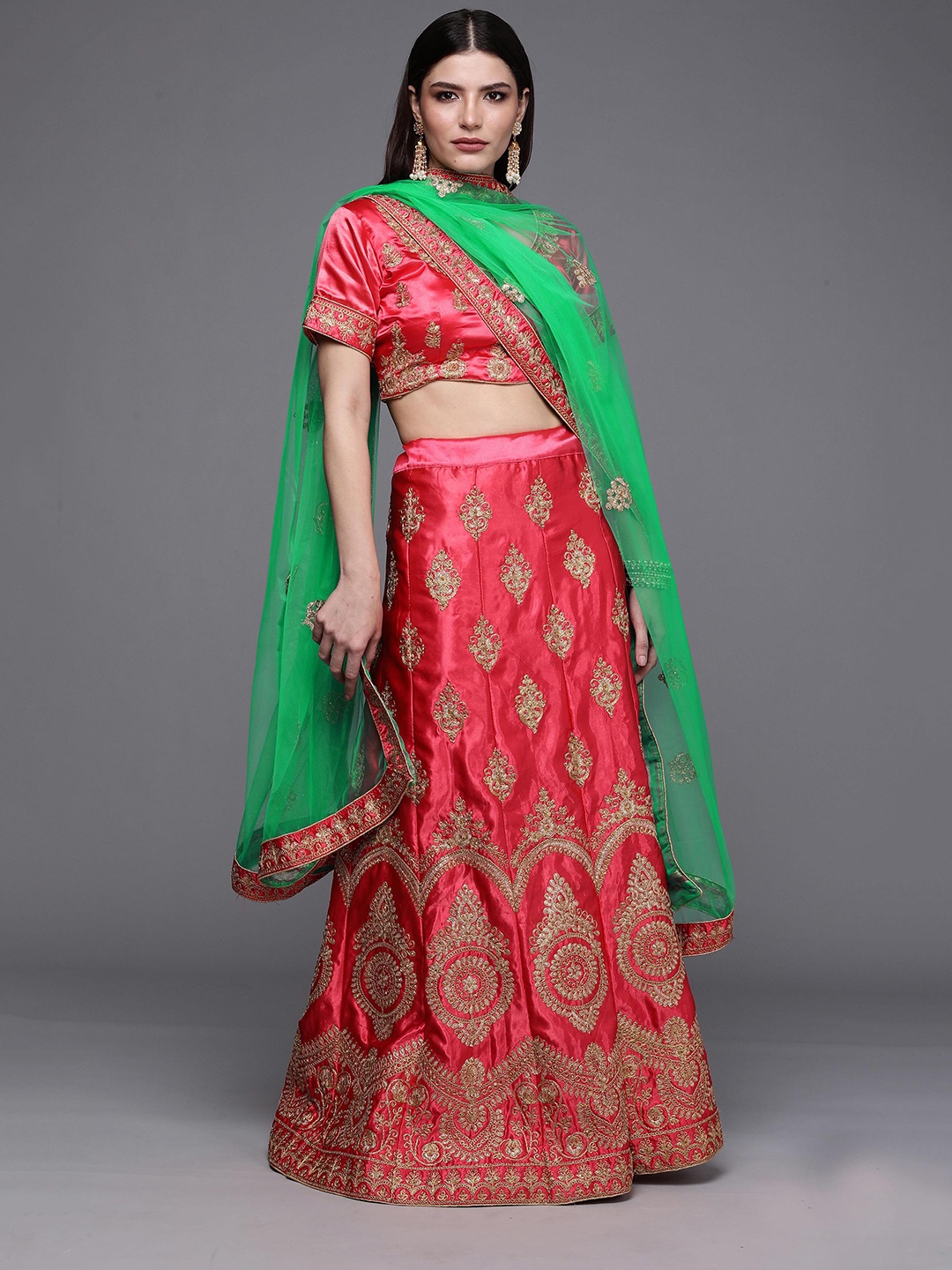 

Ishin Pink Embroidered Thread Work Semi-Stitched Lehenga & Unstitched Blouse With Dupatta