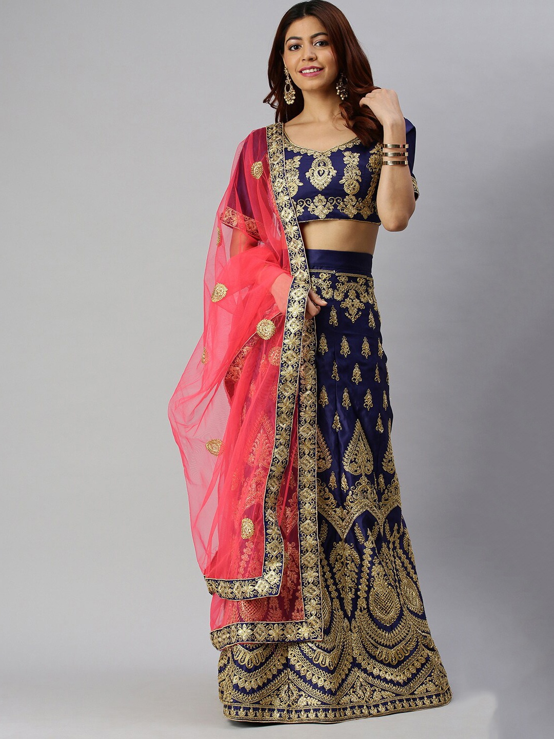 

Ishin Blue & Pink Embroidered Semi-Stitched Lehenga & Unstitched Blouse With Dupatta