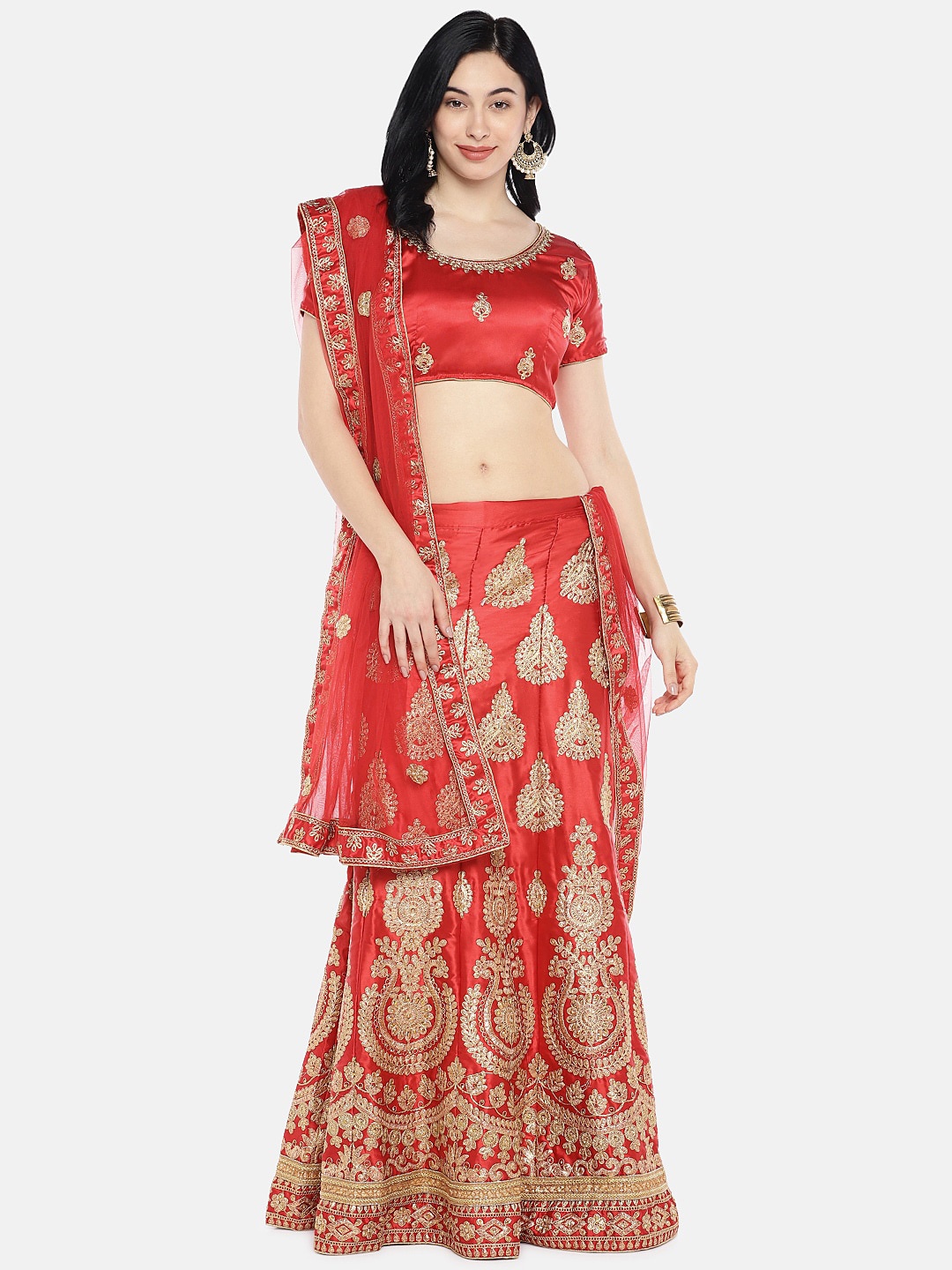 

Ishin Embroidered Thread Work Semi-Stitched Lehenga & Unstitched Blouse With Dupatta, Red