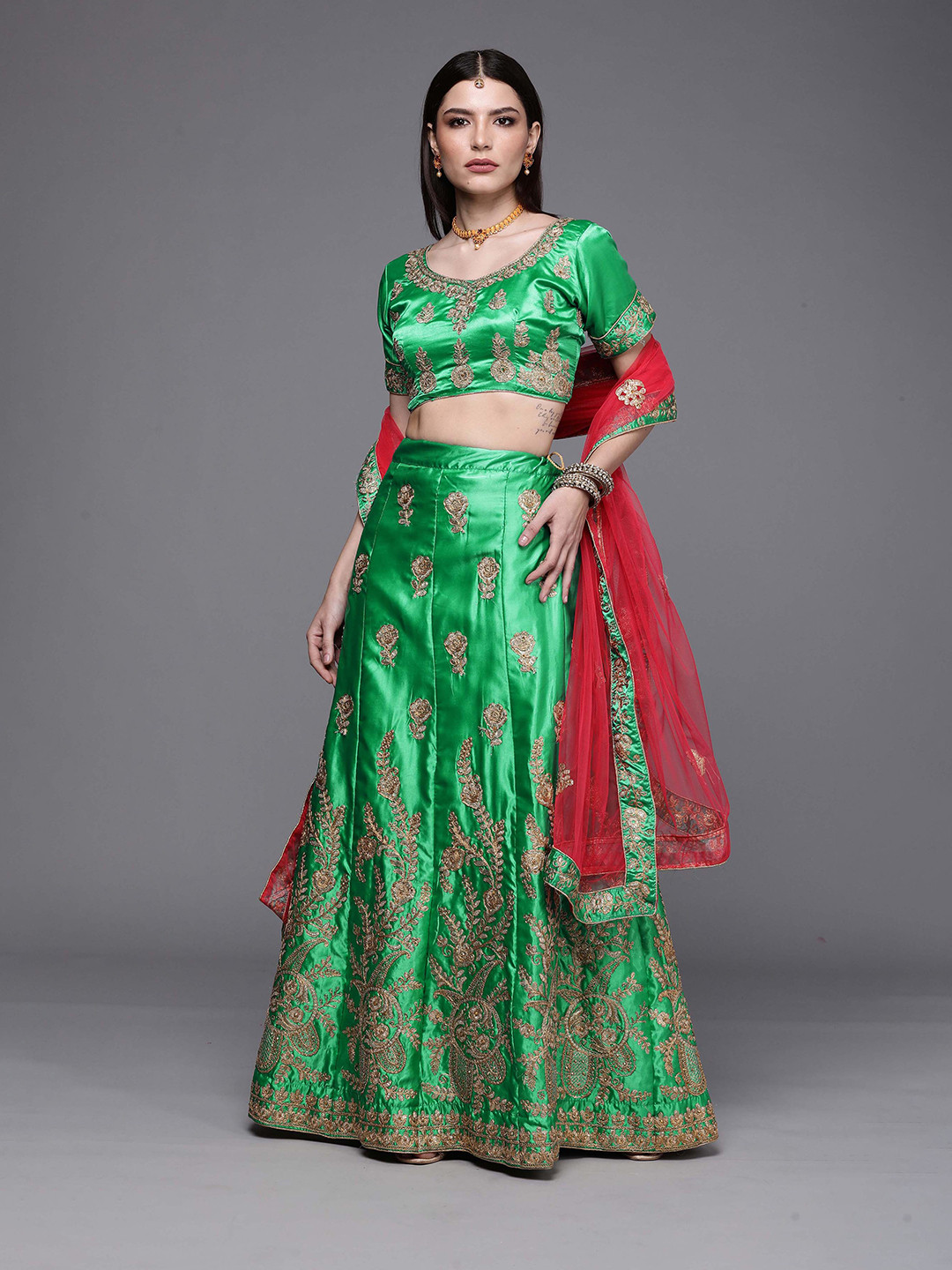 

Ishin Embroidered Semi-Stitched Lehenga & Unstitched Blouse With Dupatta, Green