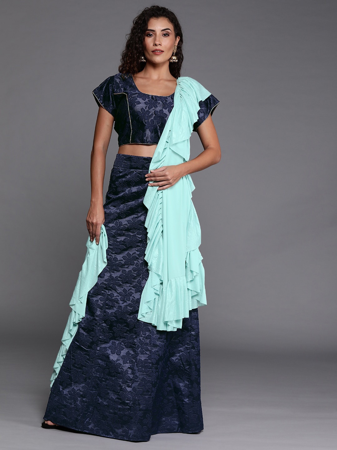 

Ishin Navy Blue & Turquoise Semi-Stitched Lehenga & Unstitched Blouse With Dupatta