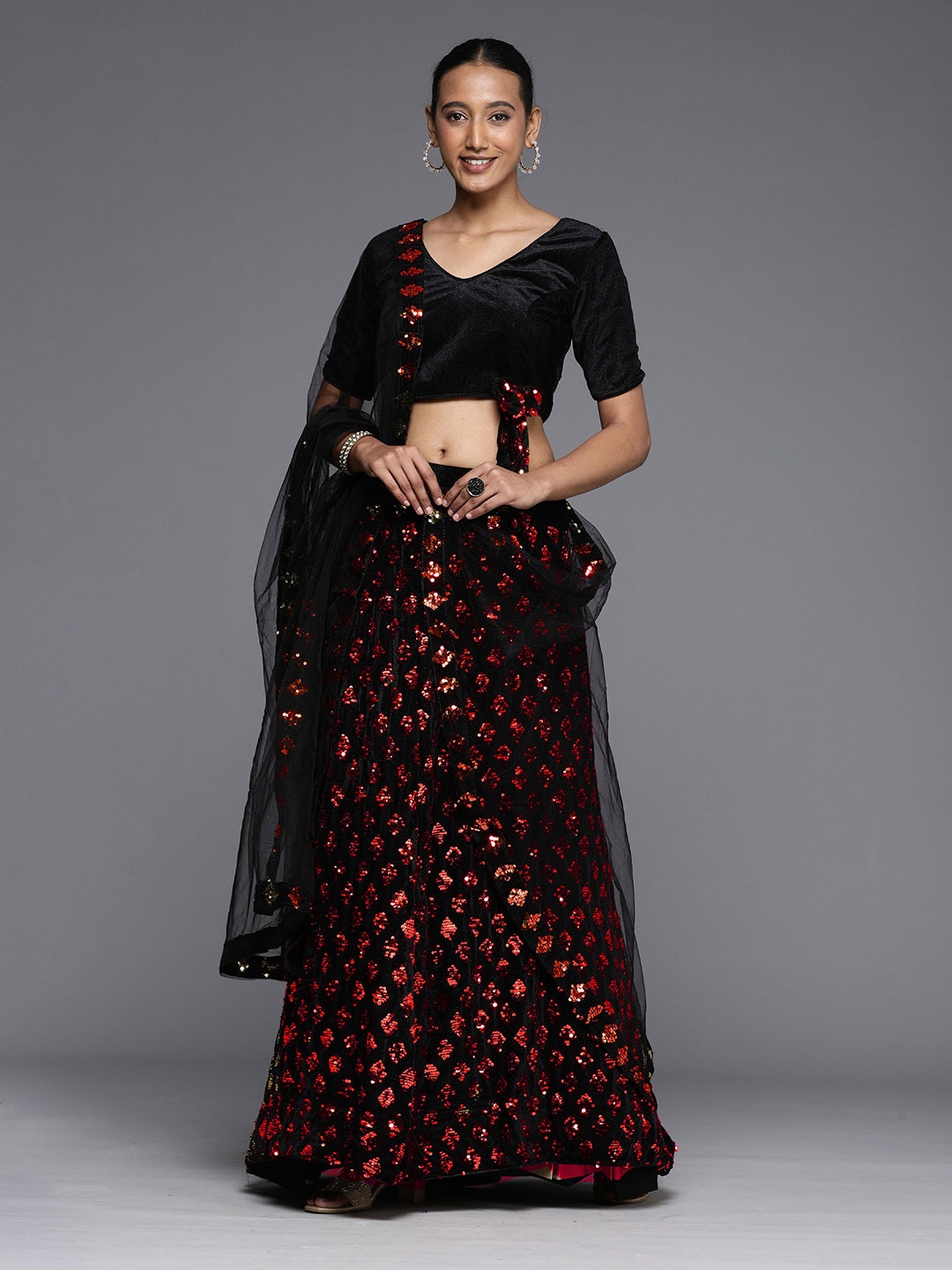 

Ishin Red Embellished Sequinned Semi-Stitched Lehenga & Unstitched Blouse With Dupatta