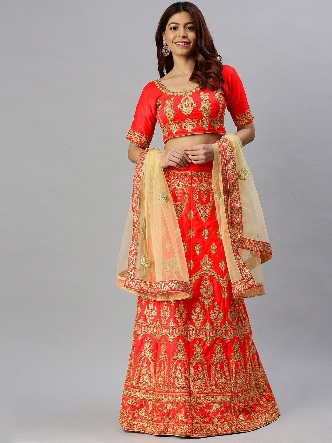 

Ishin Ethnic Motifs Embroidered Semi-Stitched Lehenga Choli, Red