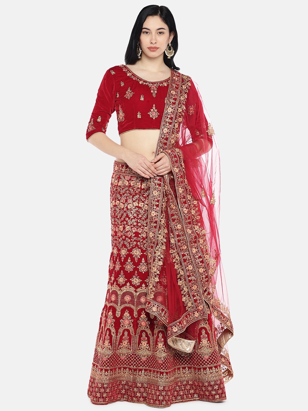 

Ishin Ethnic Motifs Embroidered Semi-Stitched Lehenga Choli, Red