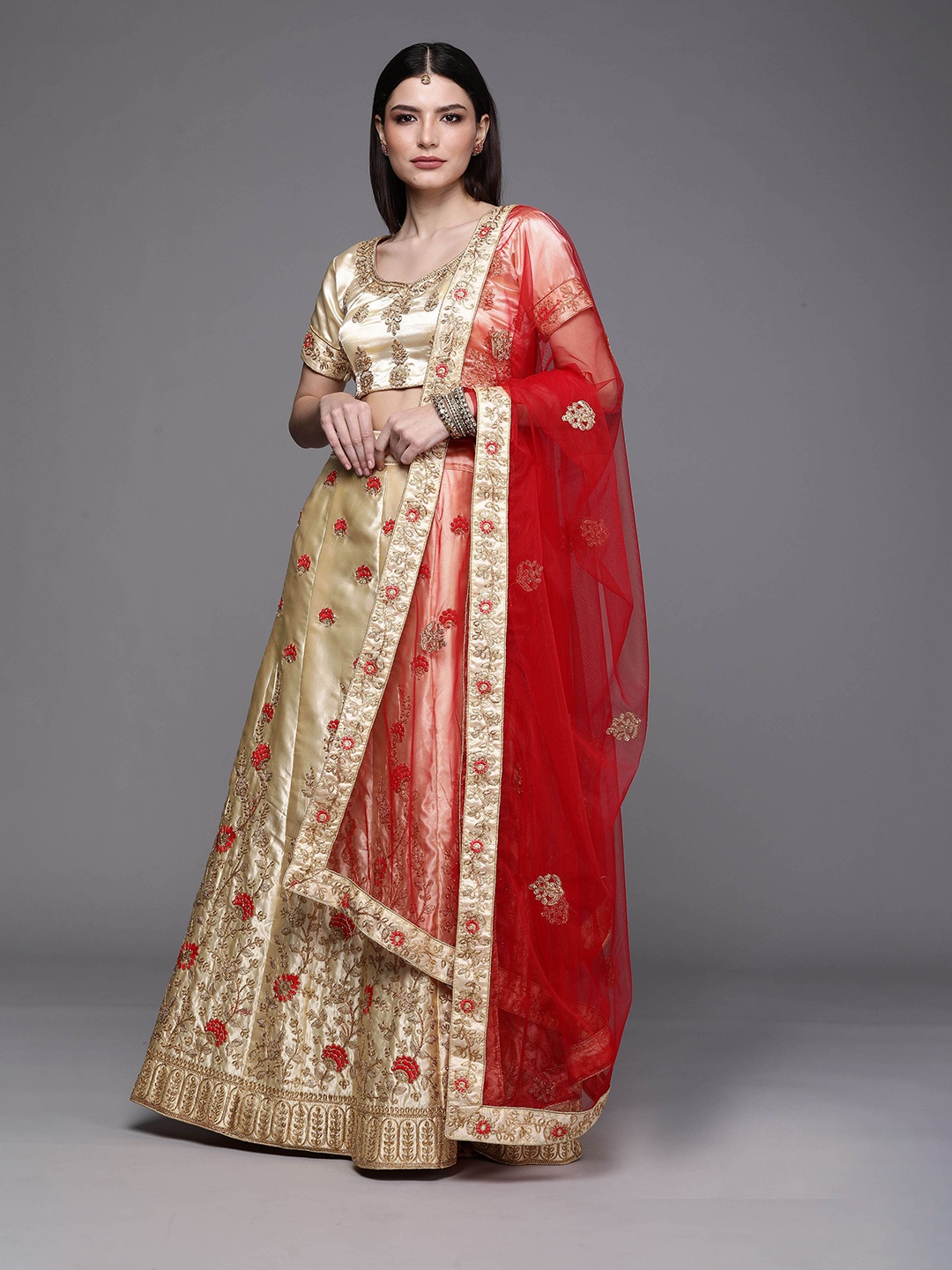 

Ishin Ethnic Motifs Embroidered Semi-Stitched Lehenga Choli, Cream