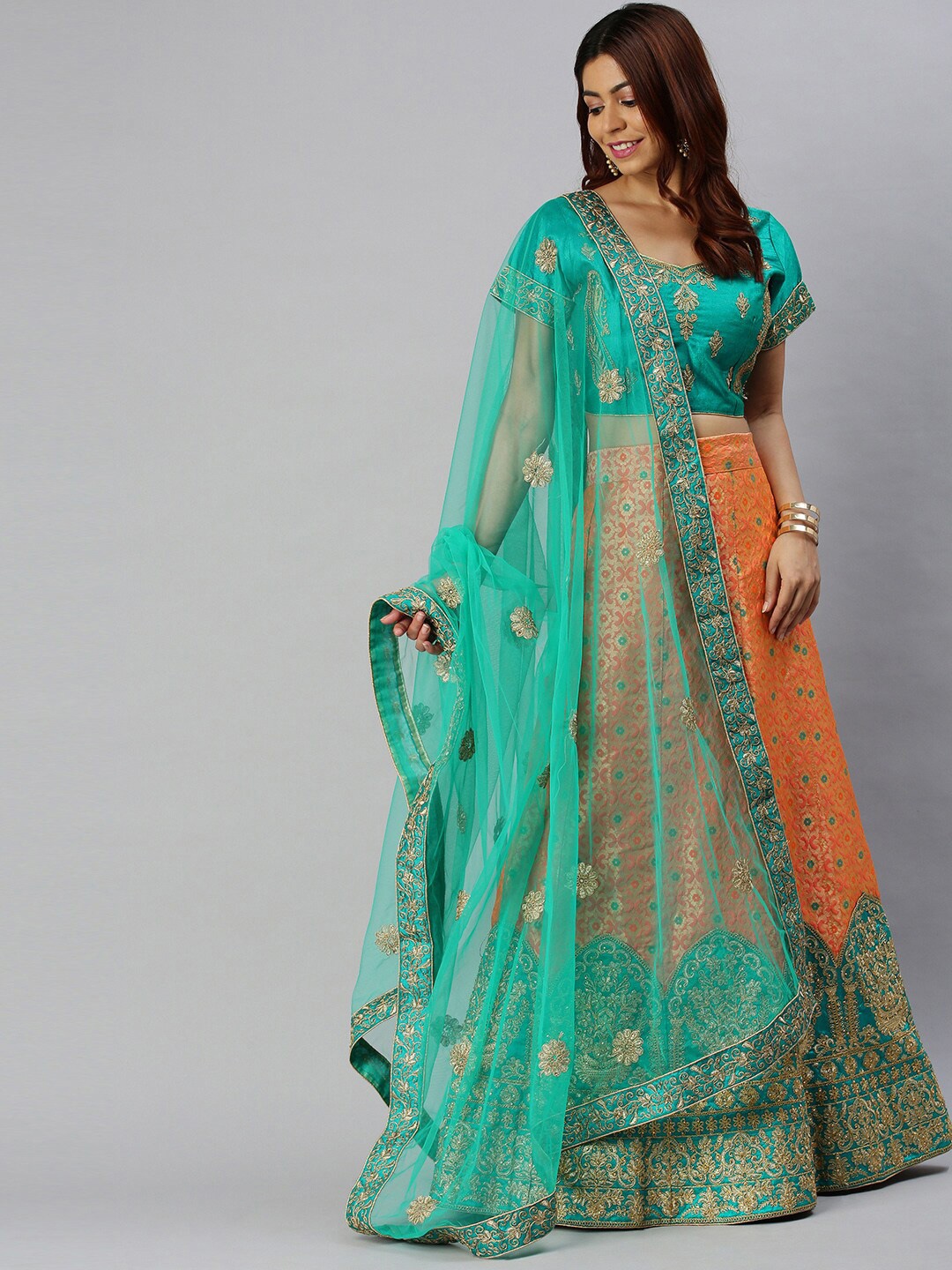 

Ishin Ethnic Motifs Embroidered Silk Semi-Stitched Lehenga Choli, Green