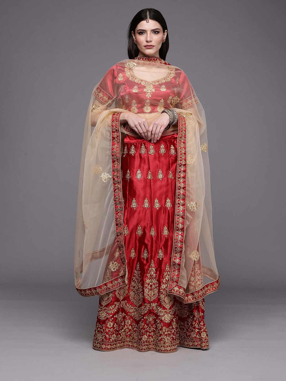 

Ishin Ethnic Motifs Embroidered Semi-Stitched Lehenga & Unstitched Blouse With Dupatta, Maroon
