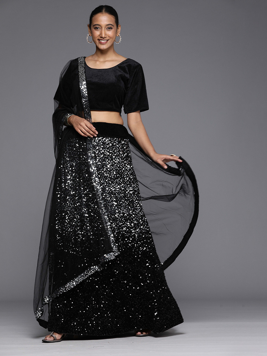 

Ishin Embellished Sequinned Semi-Stitched Lehenga & Unstitched Blouse With Dupatta, Silver
