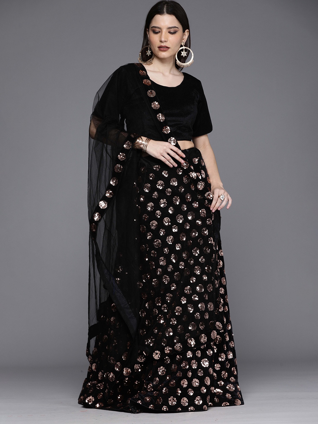 

Ishin Embellished Sequinned Semi-Stitched Lehenga & Unstitched Blouse With Dupatta, Rose gold