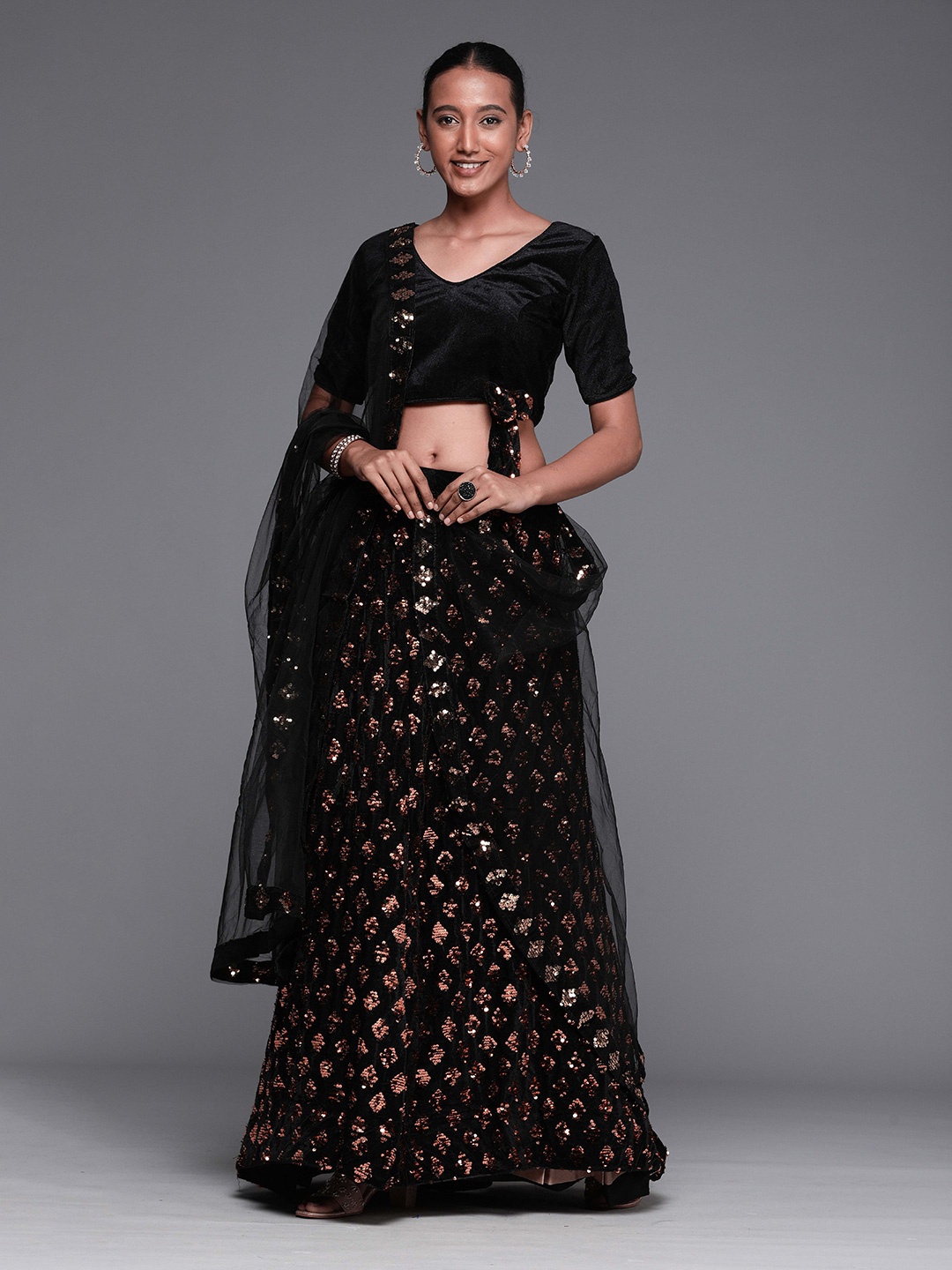 

Ishin Embellished Sequinned Semi-Stitched Lehenga & Unstitched Blouse With Dupatta, Rose gold