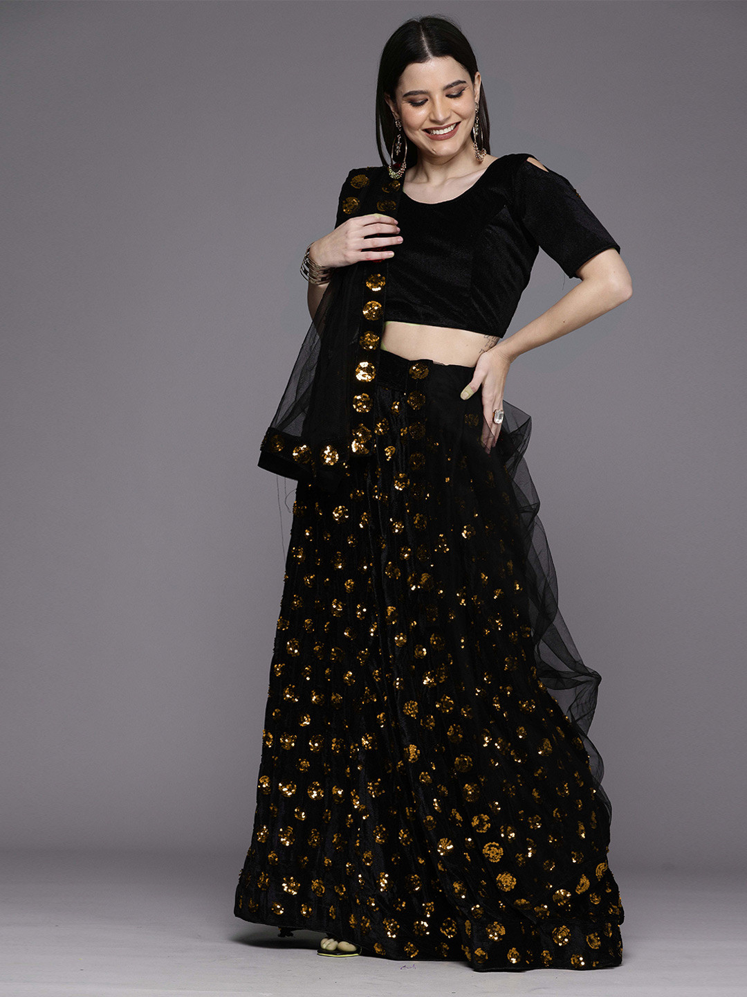 

Ishin Embellished Sequinned Semi-Stitched Lehenga & Unstitched Blouse With Dupatta, Gold