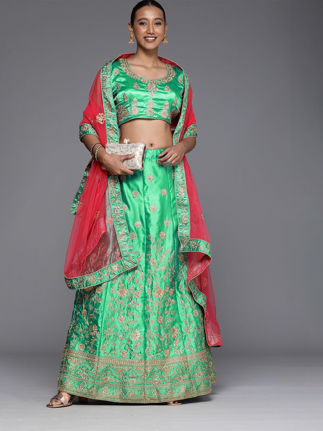 

Ishin Ethnic Motifs Embroidered Semi-Stitched Lehenga & Unstitched Blouse With Dupatta, Green