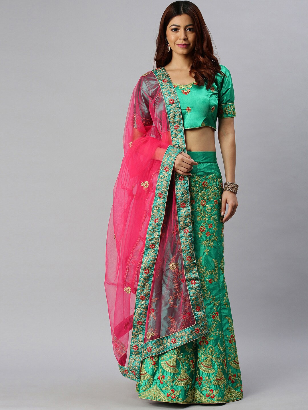 

Ishin Ethnic Motif Embroidered Semi-Stitched Lehenga & Unstitched Blouse With Dupatta, Green