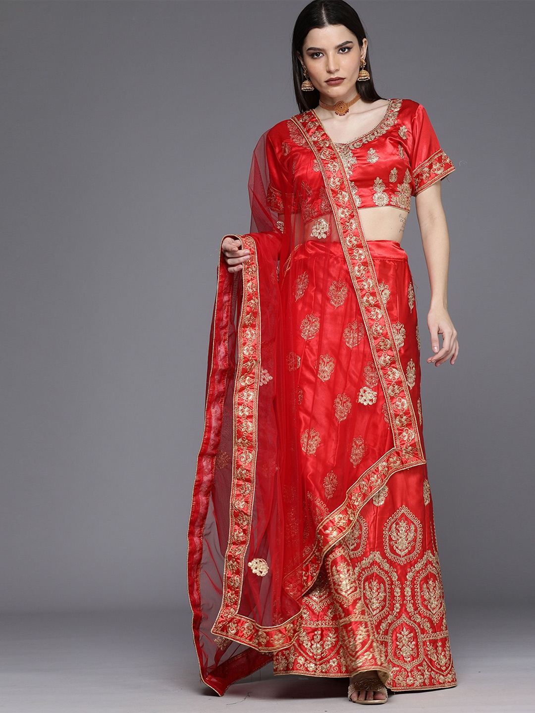 

Ishin Ethnic Motif Embroidered Semi-Stitched Lehenga & Unstitched Blouse With Dupatta, Red