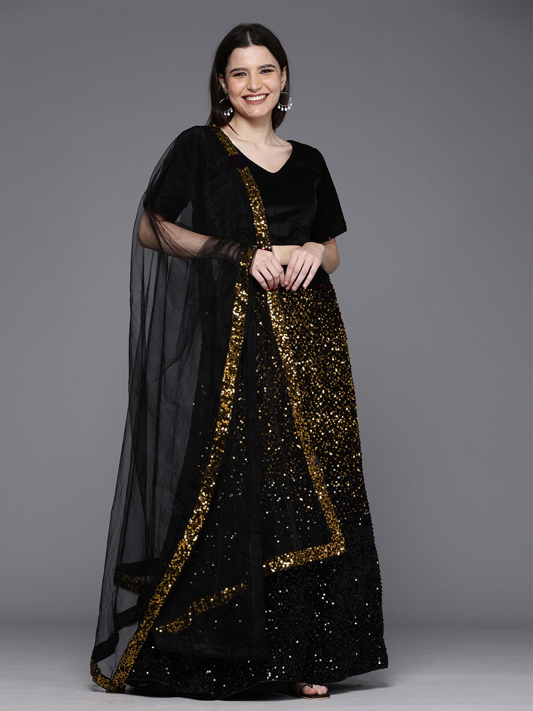 

Ishin Embellished Sequinned Semi-Stitched Lehenga & Unstitched Blouse With Dupatta, Black