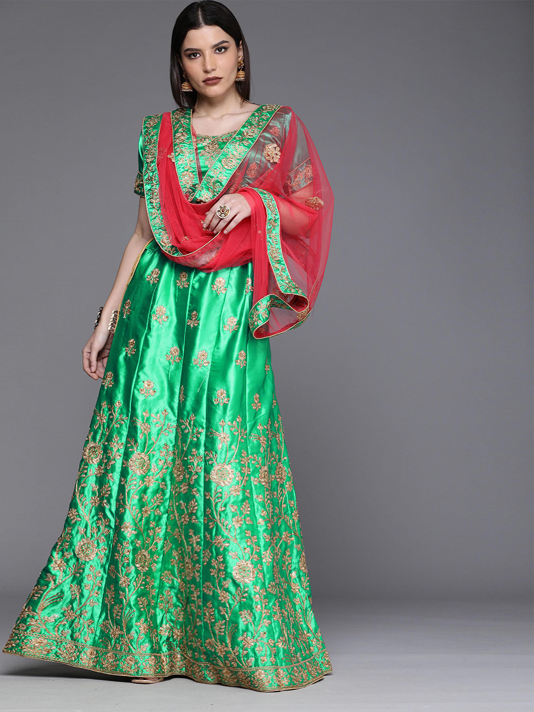 

Ishin Ethnic Motif Embroidered Semi-Stitched Lehenga & Unstitched Blouse With Dupatta, Green