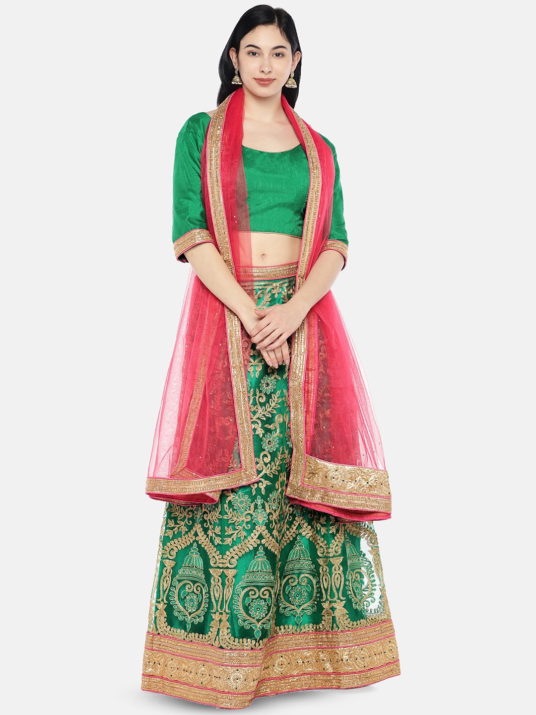 

Ishin Embroidered Semi-Stitched Lehenga & Unstitched Blouse With Dupatta, Green
