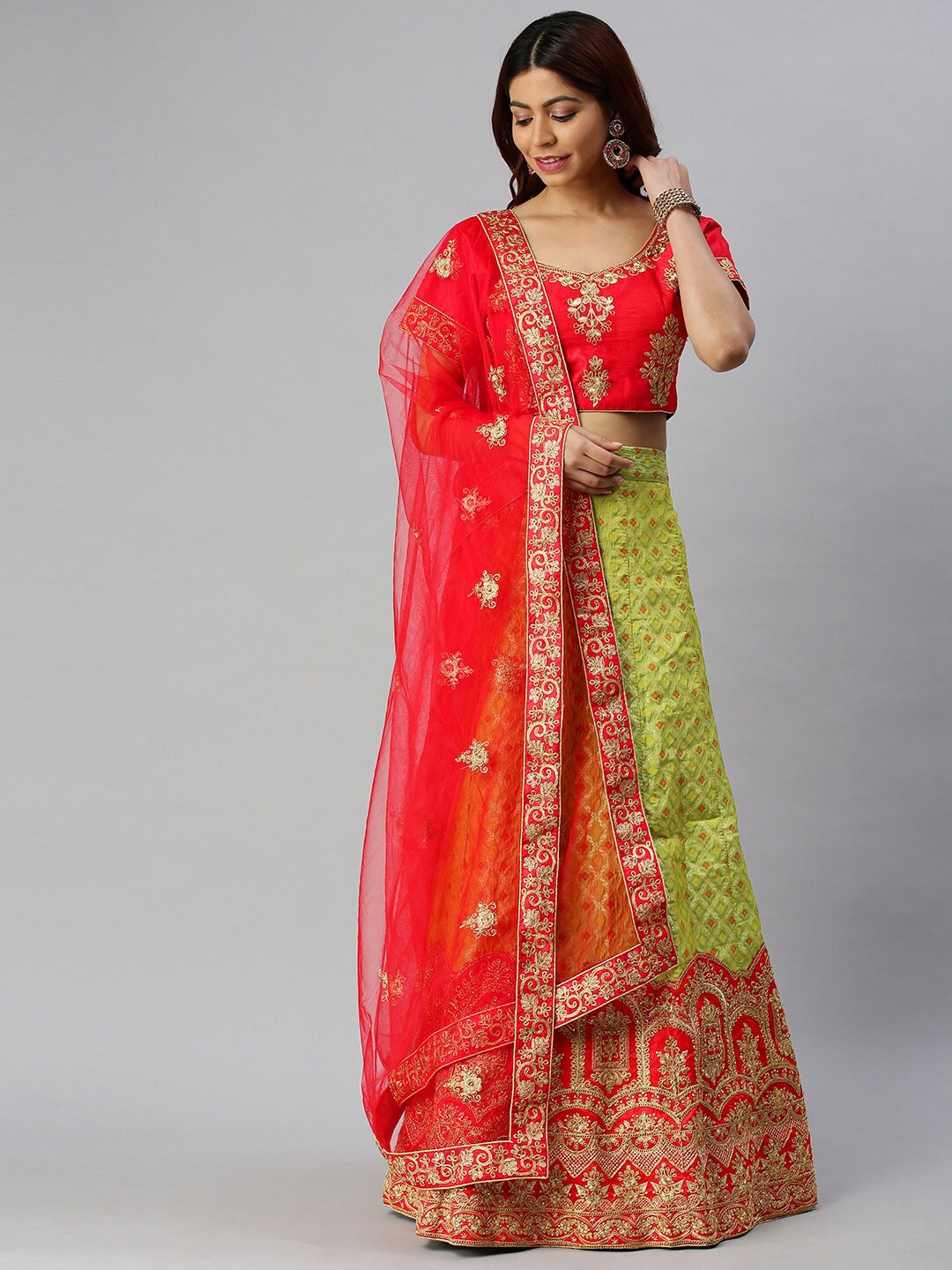 

Ishin Green & Red Embroidered Semi-Stitched Lehenga & Unstitched Blouse With Dupatta