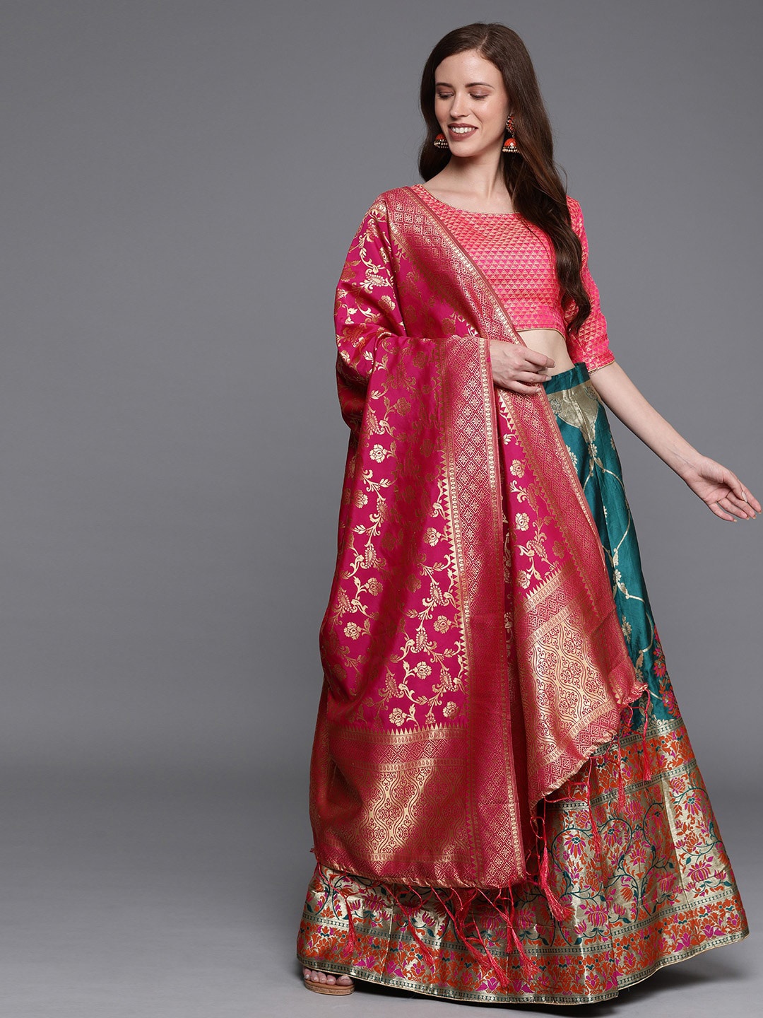 

Ishin Green & Pink Semi-Stitched Lehenga & Unstitched Blouse With Dupatta