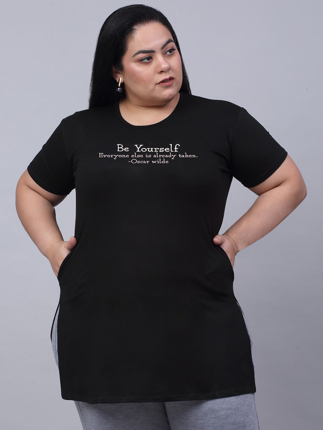 

Trend Level Plus Size Typography Printed Pure Cotton Longline T-shirt, Black